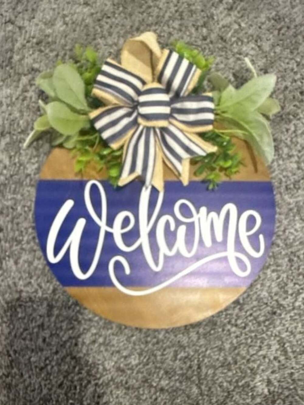 Welcome Door Sign with Navy Stripe Bow and Artificial Eucalyptus